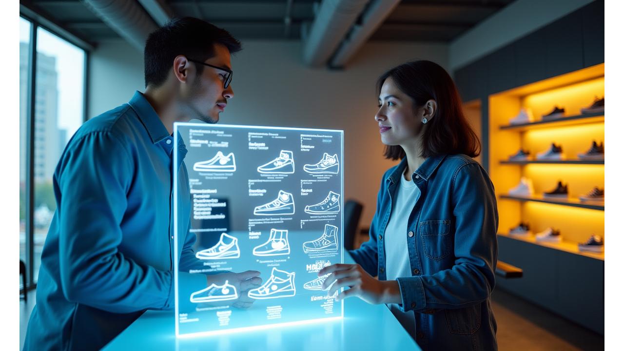 Founders, Michael Chen and Sarah Rodriguez, in a modern office, surrounded by limited edition sneakers, discussing tech schematics on a holographic display.