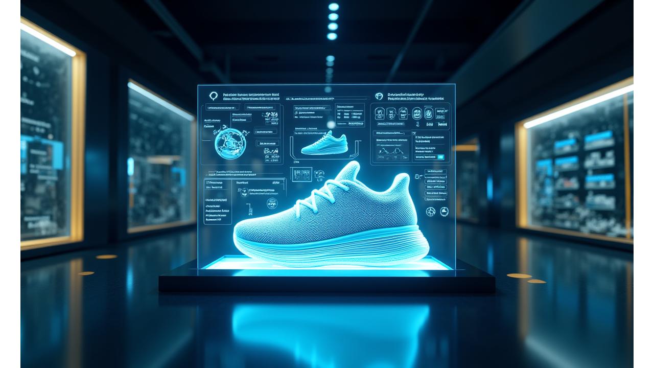 Futuristic holographic display projecting sneaker designs and data analytics, illustrating advanced e-commerce technology and R&D in a sleek, dimly lit tech lab.