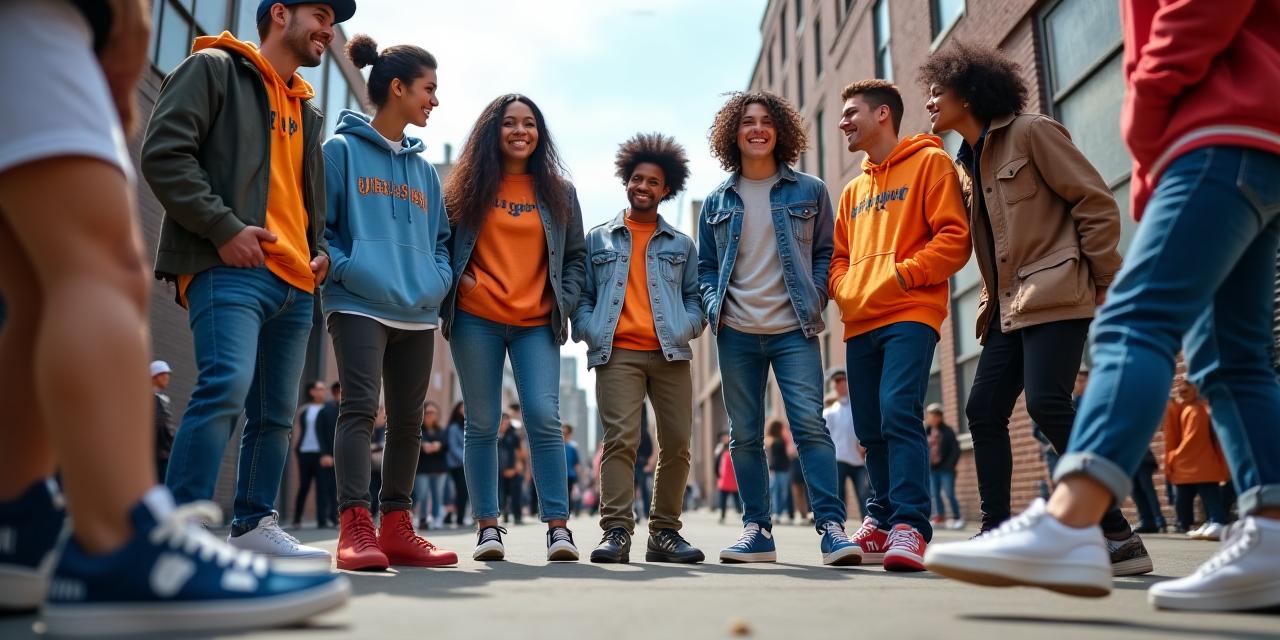 A diverse group of young adults, united by their passion for sneakers and fashion, engaging in a community event in an urban setting.