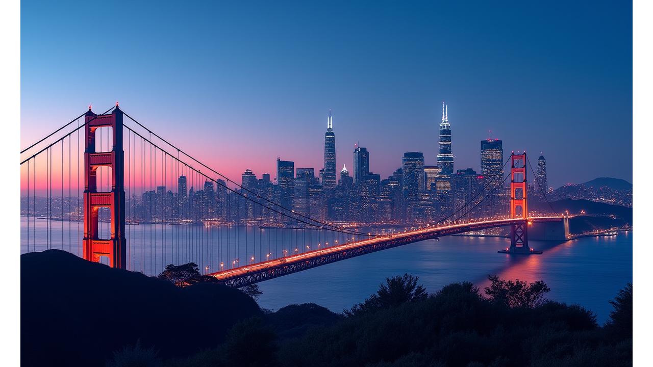 Panoramic view of the San Francisco skyline at dusk, with iconic landmarks like the Golden Gate Bridge and Transamerica Pyramid visible, showcasing a vibrant urban landscape.