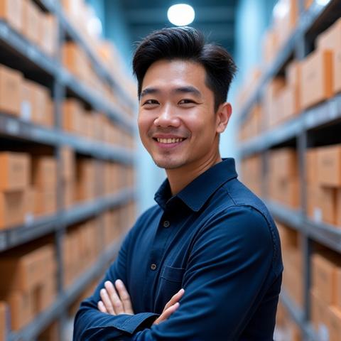 Portrait of David Kim, Head of Operations at StrideVault, looking professional and approachable in front of a busy logistics hub background, hinting at efficient supply chains.