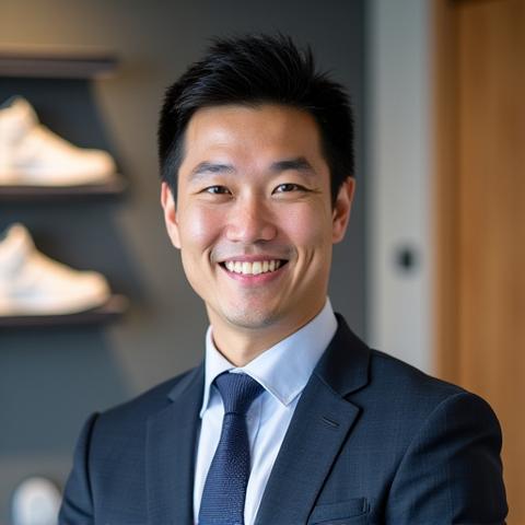 Portrait of Michael Chen, co-founder of StrideVault, a confident tech entrepreneur in a modern office with subtle sneaker art in the background.