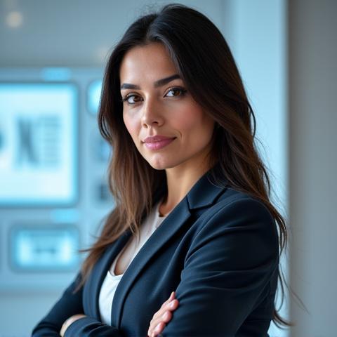 Portrait of Sarah Rodriguez, co-founder of StrideVault, an innovative UX/UI designer with a sharp, creative look, near a whiteboard with design sketches.