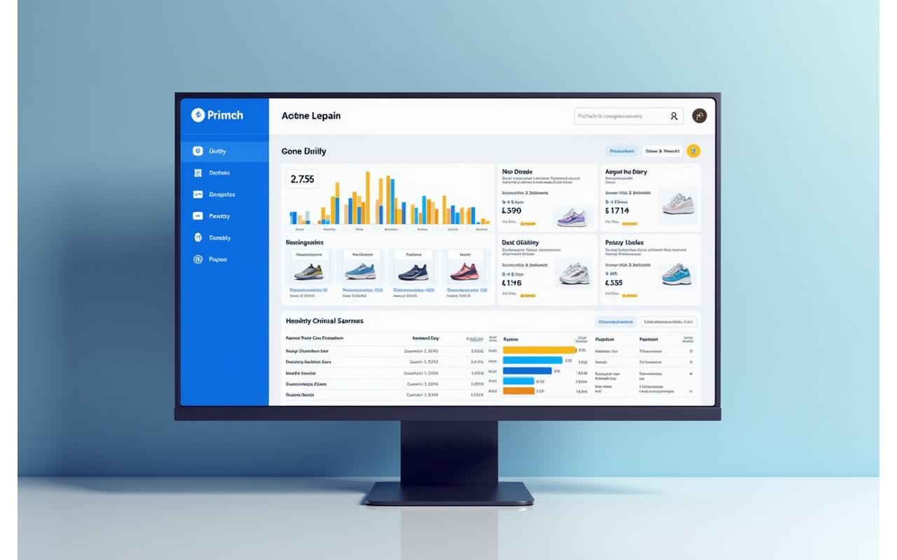 A sleek, modern analytics dashboard UI with interactive charts, graphs, and key performance indicators related to sneaker retail, showing real-time inventory and sales. Desktop view.