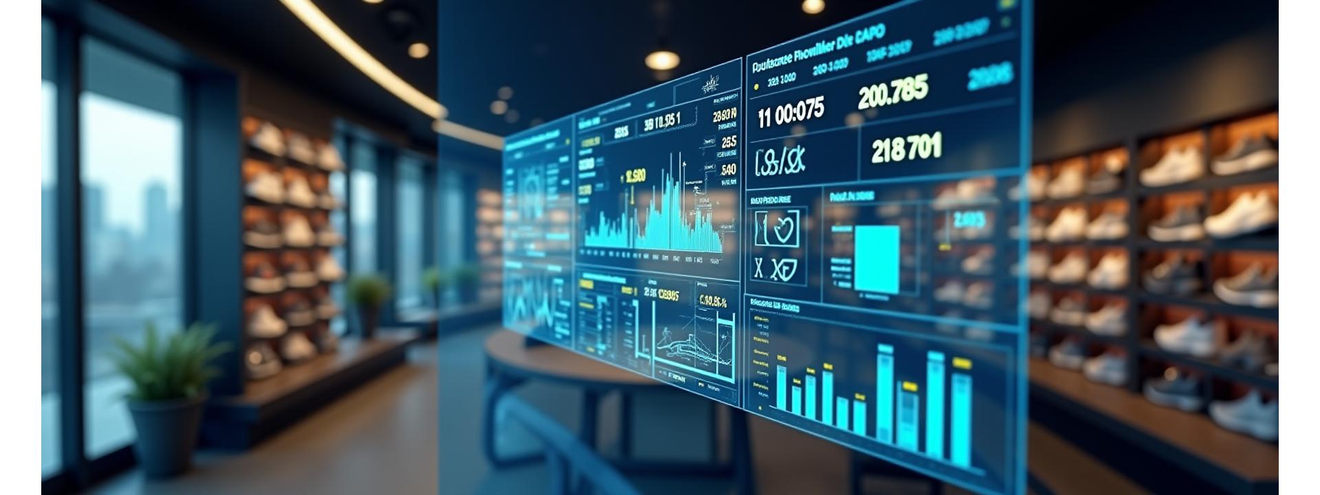 Futuristic analytics dashboard displaying sneaker sales data with dynamic charts and graphs overlayed on a blurry but vibrant image of a sneaker store interior