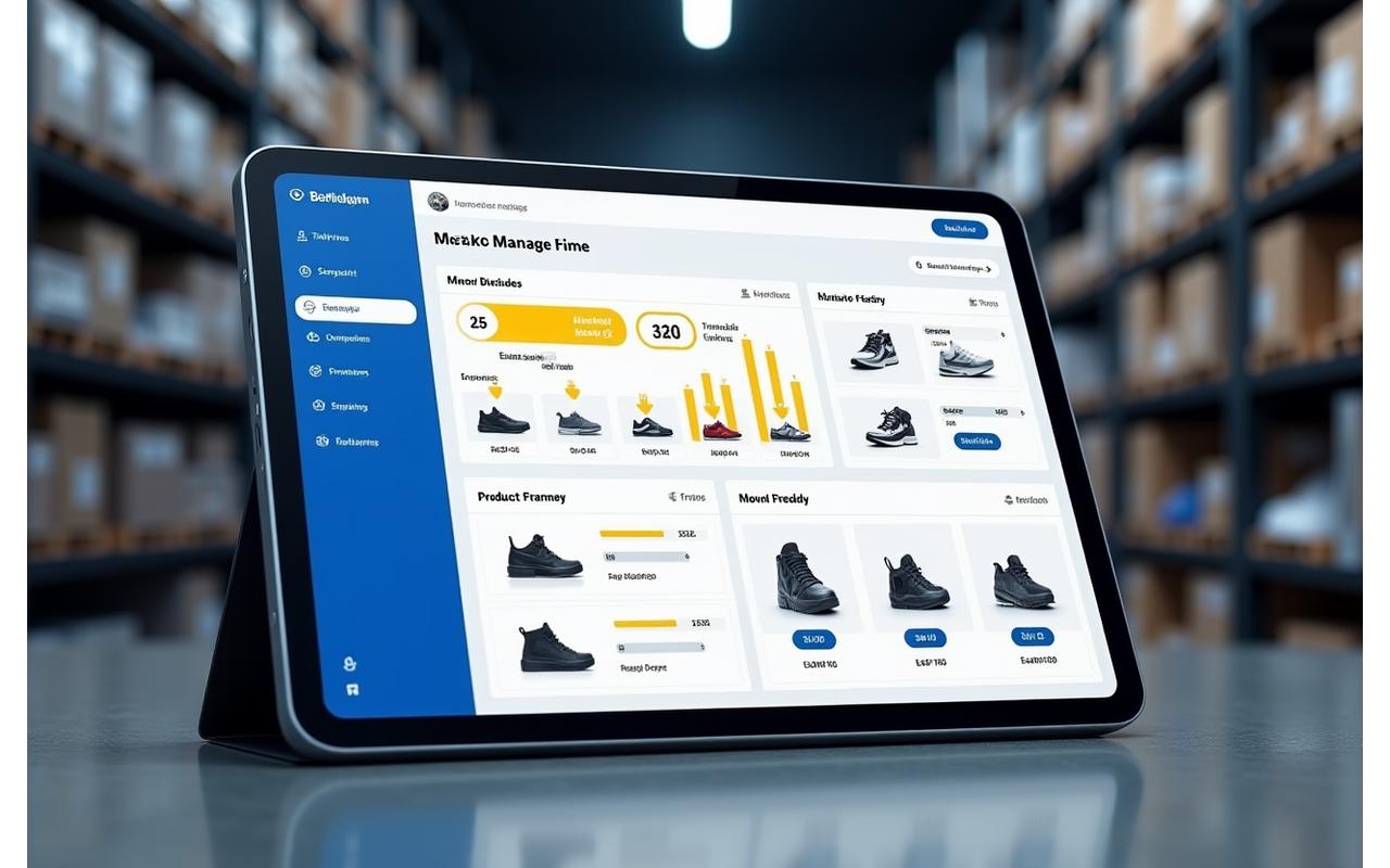 A visual representation of an inventory tracking dashboard with interactive stock level charts, reorder alerts, and detailed product-level data for a sneaker store.