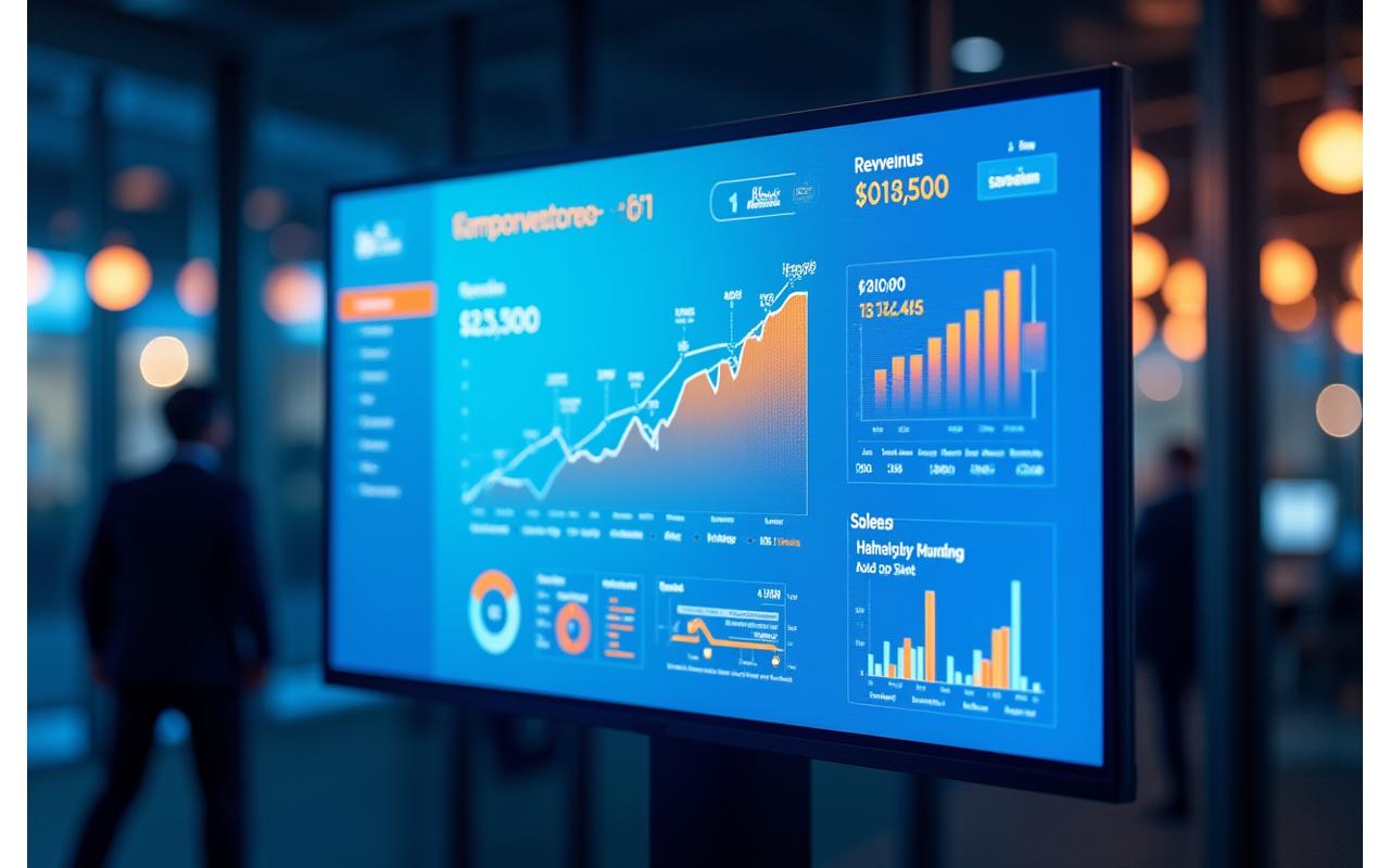 A vibrant sales performance dashboard displaying key metrics like revenue, margin, conversion rates, and product sales breakdowns, with trend lines and comparison data.