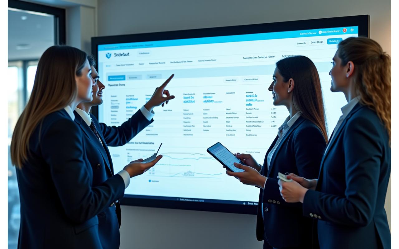 A visual representation of StrideVault's comprehensive support and training services, featuring a diverse team collaborating and digital interfaces showing training modules and consultation screens.
