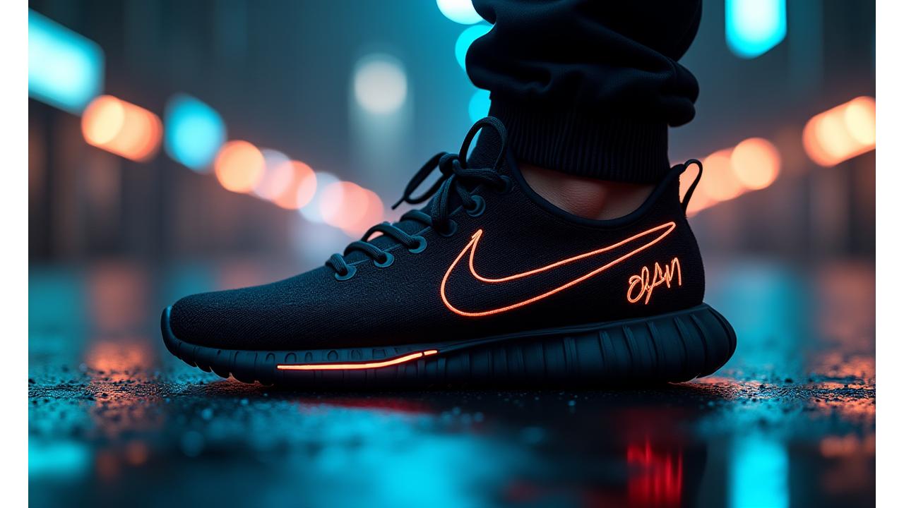 Close-up view of a sleek, limited edition sneaker, glowing slightly from within, with neon lines subtly reflecting on its surface, showcasing intricate design details.
