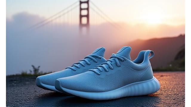A sneaker with light gray and blue tones, reminiscent of fog, against a blurred backdrop of the Golden Gate Bridge.