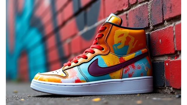 A vivid sneaker adorned with abstract, bold colors and shapes, reminiscent of street art murals, against a brick wall backdrop.