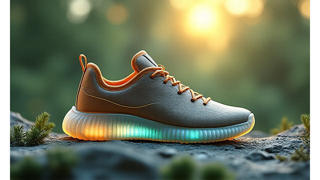 Organic, flowing sneaker design in earthy tones with subtle bio-luminescent accents, suggesting sustainable and futuristic materials.