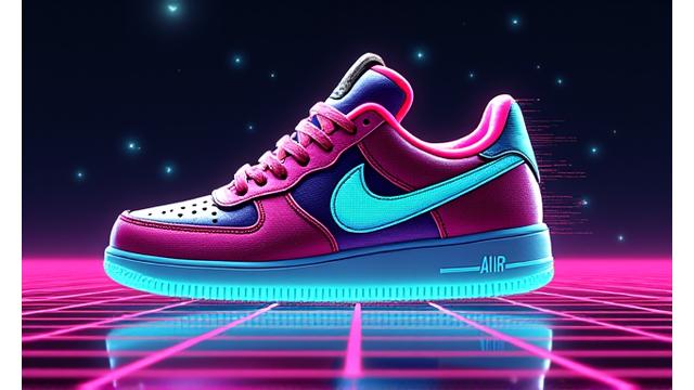 Vaporwave-inspired sneaker design with vibrant pink, purple, and teal colors, featuring pixelated textures and distorted lines.