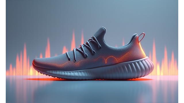 Abstract depiction of sound waves merging with sneaker outlines, featuring muted colors and gentle curves, suggesting a calm and flowing design.