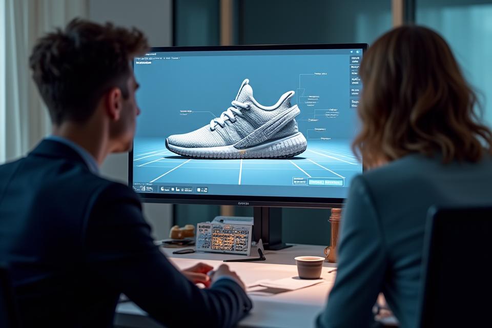 Professional sneaker designer showing design options on a tablet to a client in a modern studio