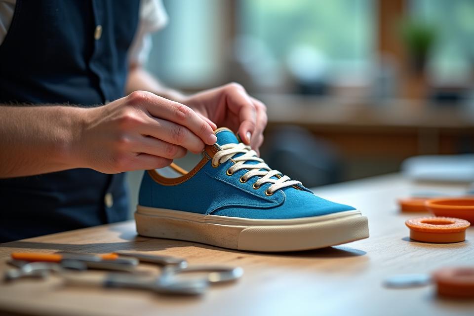 Artisan's hands meticulously working on a custom sneaker in a workshop setting, emphasizing quality