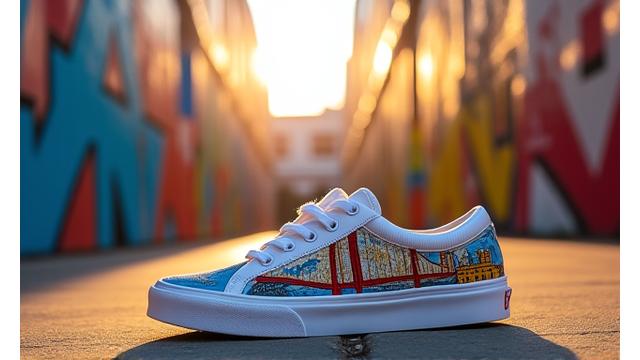 Mural with abstract sneaker designs in San Francisco alleyway.