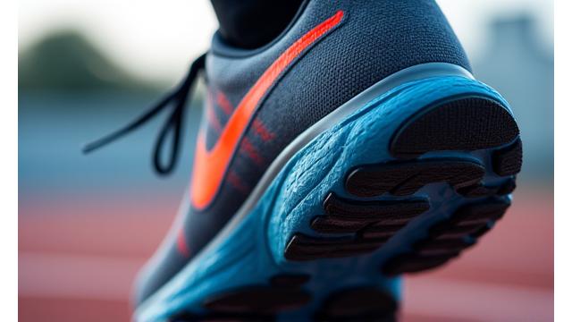 Zoomed-in shot of performance running shoe sole on a track.