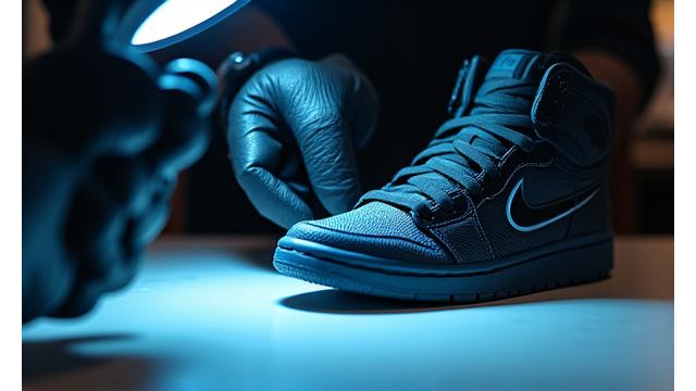 Gloves inspecting a sneaker for authenticity with a magnifying glass.