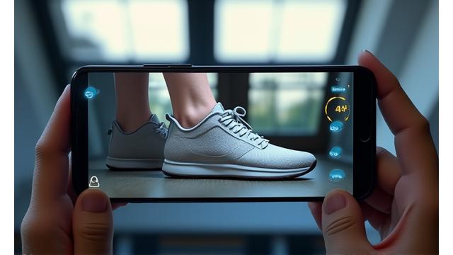 Person using AR app on phone to virtually try on sneakers.