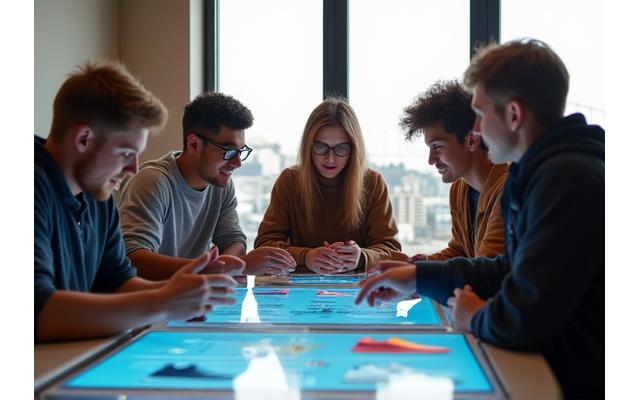 Diverse team of sneaker enthusiasts and tech innovators collaborating in a modern SF office with city view.