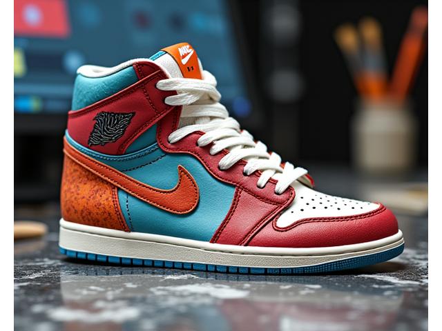 Closeup of a custom-designed sneaker with intricate details and vibrant colors.