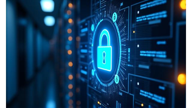 A secure digital locker with user profile icons, representing protected personal data, in dark blue and gold tones.