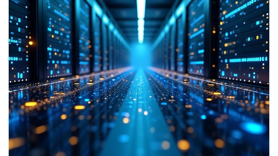 Abstract visualization of a secure data network, showing interconnected nodes and encrypted pathways, glowing with blue and yellow light.