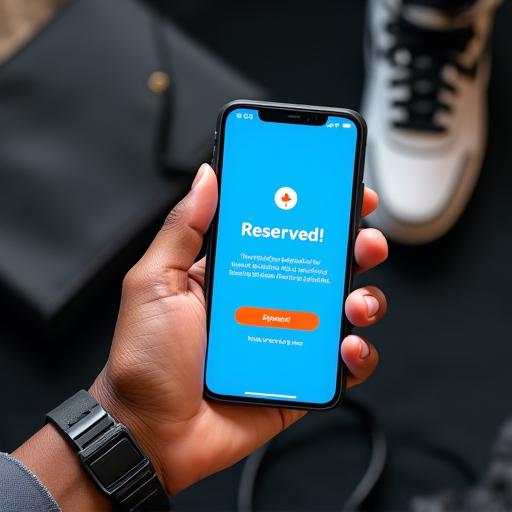 Hand holding a smartphone displaying StrideVault's exclusive reservation system with a secured sneaker