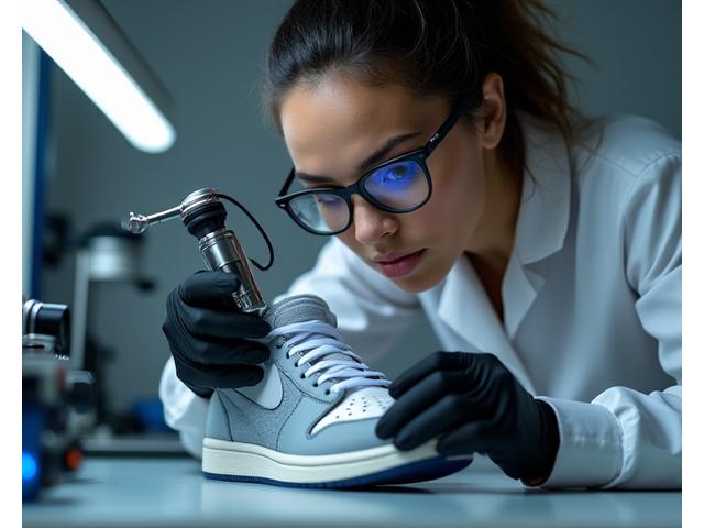 Authentication expert inspecting a sneaker with a magnifying glass