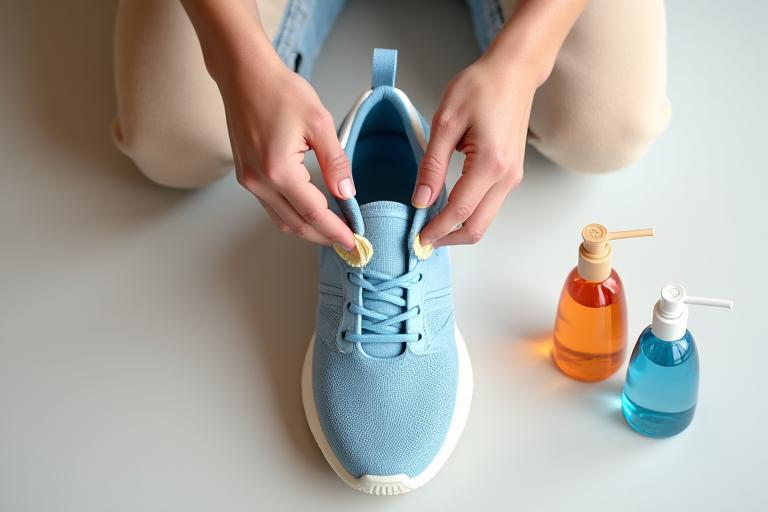 Hands cleaning a sustainable sneaker with an eco-friendly brush and natural cleaning foam, on a light background.
