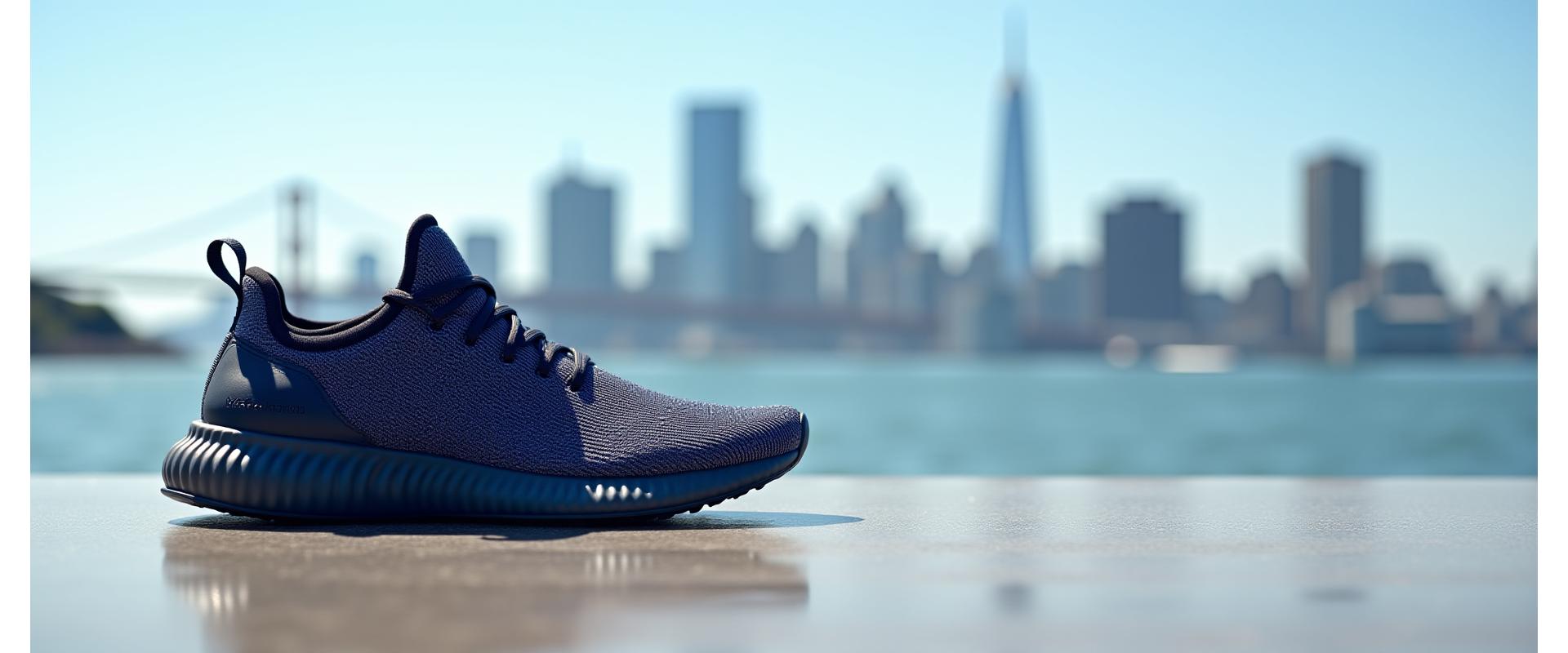 Close-up of a stylish, modern sustainable sneaker made from recycled ocean plastic, with visible texture of recycled materials against a blurred, dynamic San Francisco skyline.