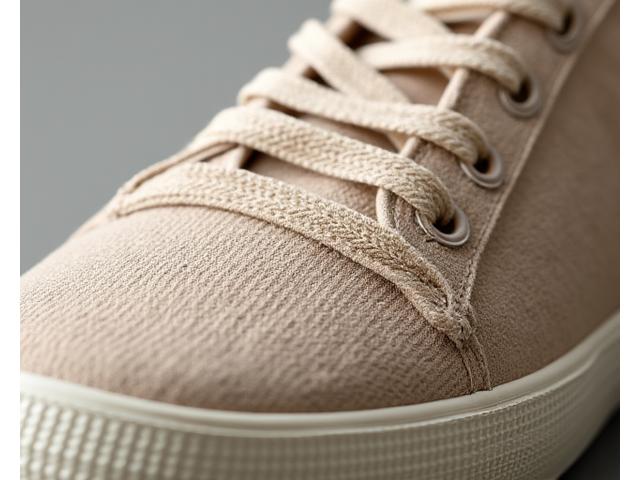 Close-up of a sneaker upper made from organic cotton and hemp, showing the natural fibers and muted, earthy tones.