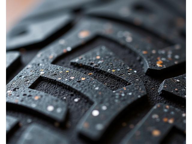 Close-up of a sneaker outsole made from speckled recycled rubber, showing its robust texture and unique patterns.