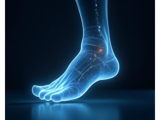 Abstract depiction of AI processing foot data, showing digital measurements and holographic shoe overlays.