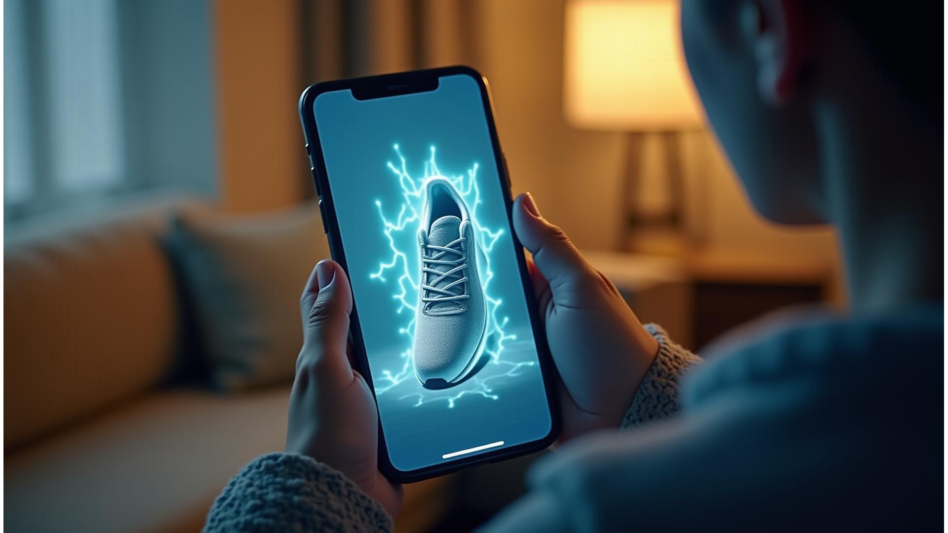 Person using StrideVault's virtual try-on feature on a smartphone, seeing sneakers virtually appear on their feet in real-time.